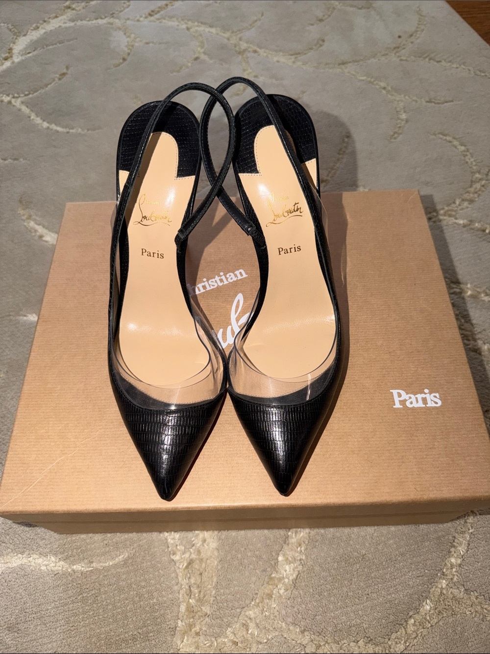 Christian Louboutin Black Pointed Clear-Panel Slingback Pumps